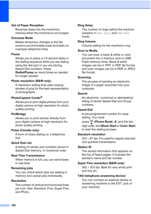 Page 174
160
Out of Paper ReceptionReceives faxes into the machines 
memory when the machine is out of paper.
Overseas Mode Makes temporary changes to the fax 
tones to accommodate noise and static on 
overseas telephone lines.
Pause Allows you to place a 3.5 second delay in 
the dialing sequence while you are dialing 
using the dial pad or you are storing 
Speed Dial numbers. Press 
Redial/Pause  as many times as needed 
for longer pauses.
Photo resolution (B&W only) A resolution setting that uses varying...