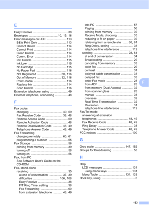 Page 177
163
F
E
Easy Receive ........................................... 38
Envelopes
 ................................... 10, 15, 16
Error messages on LCD
 ........................ 113
B&W Print Only
 ................................... 113
Cannot Detect
 ..................................... 114
Cannot Print
 ........................................ 114
Clean Unable
 ...................................... 114
Comm. Error
 ....................................... 114
Init. Unable...