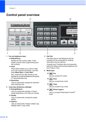 Page 20
Chapter 1
6
Control panel overview1
 
1 Fax and telephone keys: „Redial/Pause
Redials the last number called. It also 
inserts a pause when programming quick 
dial numbers.
„ Hook
Press before dialing if you want to make 
sure a fax machine will answer, and then 
press  Black Start  or Color Start . 
Also, press this key after picking up the 
handset of an external telephone during the 
F/T pseudo/double-ring.
„ Resolution
Lets you temporarily change the resolution 
when sending a fax.
2 Copy keys...