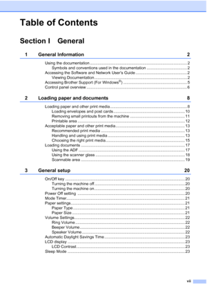 Page 9
vii
Table of Contents
Section I General
1 General Information 2
Using the documentation ....................................................................................... 2Symbols and conventions used in the documentation .................................... 2
Accessing the Software and Network User’s Guide .............................................. 2 Viewing Documentation ................................................................................... 2
Accessing Brother Support (For...