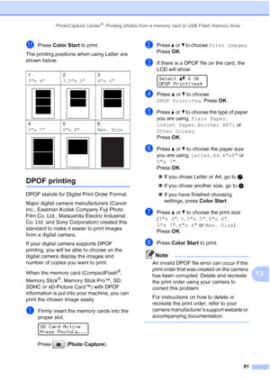 Page 95
PhotoCapture Center®: Printing photos from a memory card or USB Flash memory drive81
13
kPress Color Start  to print.
The printing positions when using Letter are 
shown below.
DPOF printing13
DPOF stands for Digital Print Order Format.
Major digital camera manufacturers (Canon 
Inc., Eastman Kodak Company Fuji Photo 
Film Co. Ltd., Matsushita Electric Industrial 
Co. Ltd. and Sony Corporation) created this 
standard to make it easier to print images 
from a digital camera.
If your digital camera...