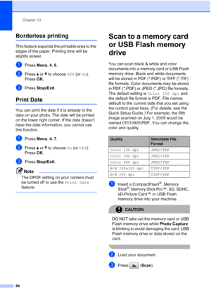 Page 98
Chapter 13
84
Borderless printing13
This feature expands the printable area to the 
edges of the paper. Printing time will be 
slightly slower.
aPress  Menu, 4, 6.
bPress  aor b to choose  Off (or On).
Press  OK.
cPress  Stop/Exit .
Print Date13
You can print the date if it is already in the 
data on your photo. The date will be printed 
on the lower right corner. If the data doesn’t 
have the date information, you cannot use 
this function.
aPress Menu, 4, 7.
bPress  aor b to choose  On (or  Off )....
