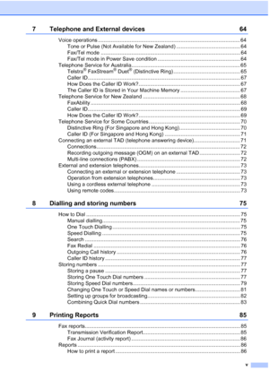 Page 7
v
7 Telephone and External devices 64
Voice operations .................................................................................................. 64Tone or Pulse (Not Available for New Zealand) ............................................ 64
Fax/Tel mode ................................................................................................ 64
Fax/Tel mode in Power Save condition ......................................................... 64
Telephone Service for...