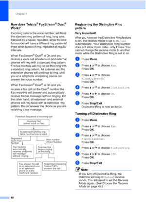 Page 78
Chapter 7
66
How does Telstra® FaxStream® Duet® 
Work?
7
Incoming calls to the voice number, will have 
the standard ring pattern of long, long tone, 
followed by a pause, repeated, while the new 
fax number will have a different ring pattern of 
three short bursts of ring, repeated at regular 
intervals.
When FaxStream
® Duet® is On and you 
receive a voice call all extension and external 
phones will ring with a standard ring pattern. 
The fax machine will ring on the third ring with 
a standard ring...