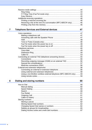 Page 12
x
Receive mode settings ........................................................................................ 44Ring Delay ..................................................................................................... 44
F/T Ring Time (Fax/Tel mode only) ............................................................... 44
Easy Receive .................................................................................................45
Additional receiving operations...