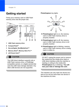 Page 114
Chapter 14
98
Getting started14
Firmly put a memory card or USB Flash 
memory drive into the proper slot.
 
1 USB Flash memory drive
2 CompactFlash
®
3 SecureDigital, MultiMediaCard™
4 Memory Stick
®, Memory Stick Pro™
5 xD-Picture Card™
CAUTION 
The USB direct interface supports only a 
USB Flash memory drive, a PictBridge 
compatible camera, or a digital camera that 
uses the USB mass storage standard. Any 
other USB devices are not supported.
 
PhotoCapture  key lights:
 
„PhotoCapture  light is on,...