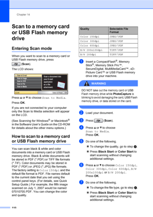 Page 126
Chapter 14
110
Scan to a memory card 
or USB Flash memory 
drive
14
Entering Scan mode14
When you want to scan to a memory card or 
USB Flash memory drive, press  (Scan ).
The LCD shows:
 
Press  a or  b to choose  Scan to Media .
Press  OK.
If you are not connected to your computer 
only the Scan to Media selection will appear 
on the LCD.
(See  Scanning  for Windows
® or Macintosh® 
in the Software User’s Guide on the CD-ROM 
for details about the other menu options.)
How to scan to a memory card 
or...