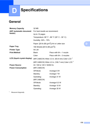 Page 191
175
D
D
GeneralD
1Measured diagonally
SpecificationsD
Memory Capacity32 MB 
ADF (automatic document 
feeder)  For best results we recommend:
Up to 10 pages
Temperature: 68
°F - 86 °F (20 °C - 30 °C)
Humidity: 50% - 70%
Paper: [20 lb (80 g/m
2)] A4 or Letter size
Paper Tray 100 Sheets [20 lb (80 g/m
2)]
Printer Type Ink Jet
Print Method Black:
Color:Piezo with 94 
× 1 nozzle
Piezo with 94  × 3 nozzles
LCD (liquid crystal display) (MFC-685CW) Wide 3.3 in. (83.8 mm) Color LCD
1
(MFC-885CW) Wide 4.2 in....