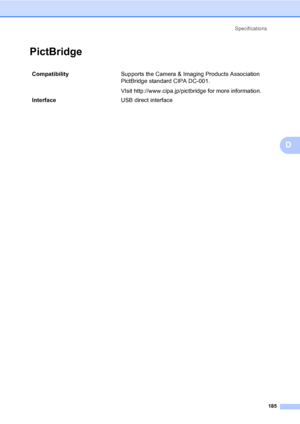 Page 201
Specifications185
D
PictBridgeD
Compatibility  Supports the Camera & Imaging Products Association 
PictBridge standard CIPA DC-001.
VIsit http://www.cipa.jp/pictbridge for more information.
Interface USB direct interface
 