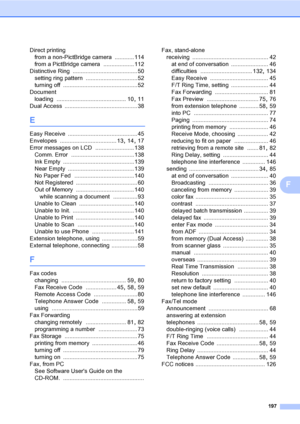 Page 213
197
F
Direct printingfrom a non-PictBridge camera
 ............ 114
from a PictBridge camera
 ................... 112
Distinctive Ring
 ........................................ 50
setting ring pattern
 ................................52
turning off
 ..............................................52
Document loading
 ........................................... 10, 11
Dual Access
 ............................................. 38
E
Easy Receive ........................................... 45
Envelopes...