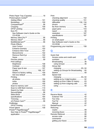 Page 215
199
F
Photo Paper Tray (Canada) ..................... 18
PhotoCapture Center®
Adding Effect ...................................... 101
Borderless
 ........................................... 109
CompactFlash® .....................................96
Cropping
 ............................................. 109
DPOF printing
 .....................................105
from PC See Software Users Guide on the 
CD-ROM.
 ...............................................
Memory Stick Pro™...