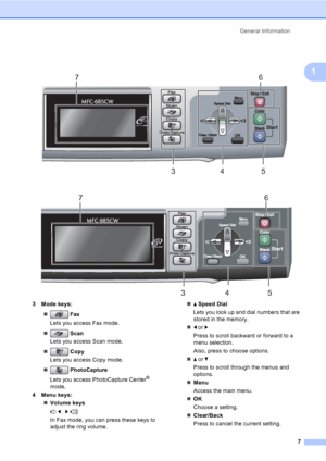 Page 23
General Information7
1
 
 
3 Mode keys:„  Fax
Lets you access Fax mode.
„  Scan
Lets you access Scan mode.
„  Copy
Lets you access Copy mode.
„  PhotoCapture
Lets you access PhotoCapture Center
® 
mode.
4 Menu keys: „Volume keys
 d     c 
In Fax mode, you can press these keys to 
adjust the ring volume. „
a Speed Dial  
Lets you look up and dial numbers that are 
stored in the memory.
„ d or  c
Press to scroll backward or forward to a 
menu selection.
Also, press to choose options.
„ a or  b
Press to...