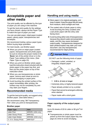 Page 28
Chapter 2
12
Acceptable paper and 
other media
2
The print quality can be affected by the type 
of paper you are using in the machine.
To get the best print quality for the settings 
you have chosen, always set the Paper Type 
to match the type of paper you load.
You can use plain paper, inkjet paper (coated 
paper), glo ssy paper, transparencies and 
envelopes.
We recommend testing various paper types 
before buying large quantities.
For best results, use Brother paper.
„ When you print on inkjet paper...