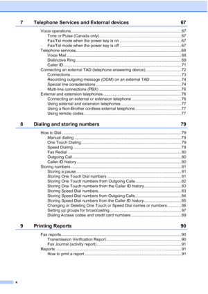 Page 12
x
7 Telephone Services and External devices 67
Voice operations .................................................................................................. 67Tone or Pulse (Canada only)......................................................................... 67
Fax/Tel mode when the power key is on ....................................................... 67
Fax/Tel mode when the power key is off ....................................................... 67
Telephone...