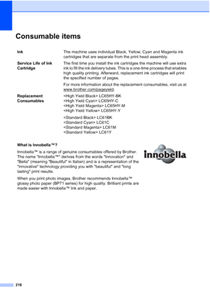 Page 234
218
Consumable itemsD
InkThe machine uses individual Black, Yellow, Cyan and Magenta ink 
cartridges that are separate from the print head assembly.
Service Life of Ink 
Cartridge The first time you install the ink cartridges the machine will use extra 
ink to fill the ink delivery tubes. This is a one-time process that enables 
high quality printing. Afterward, replacement ink cartridges will print 
the specified number of pages.
For more information about the replacement consumables, visit us at...
