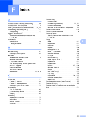 Page 241
Index
225
F
F
A
Access codes, storing and dialing ............ 89
Accessories and supplies
 .......................... ii
ADF (automatic document feeder)
 .... 24, 40
Answering machine (TAD)
 ....................... 72
connecting
 ............................................ 73
Apple® Macintosh®
See Software Users Guide on the 
CD-ROM.
 ..................................................
Automatic fax receive
 ............................................ 49
Easy Receive...