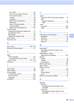 Page 243
227
F
from ADF ........................................... 40
from memory (Dual Access)
 .............. 46
from scanner glass
 ............................ 41
manual
 ............................................... 48
overseas
 ............................................ 46
Real Time Transmission
 .................... 46
Resolution
 .......................................... 45
return to factory setting
 ...................... 48
set new default
 ................................... 47
telephone line...