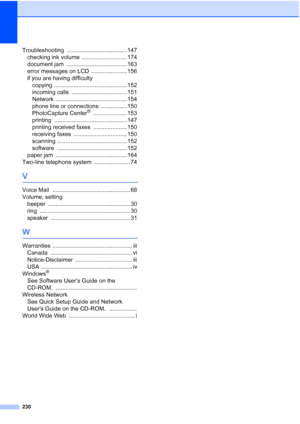 Page 246
230
Troubleshooting ..................................... 147
checking ink volume
 ............................ 174
document jam
 ..................................... 163
error messages on LCD
 ...................... 156
if you are having difficulty copying
 ............................................. 152
incoming calls
 .................................. 151
Network
 ............................................ 154
phone line or connections
 ................ 150
PhotoCapture Center®...