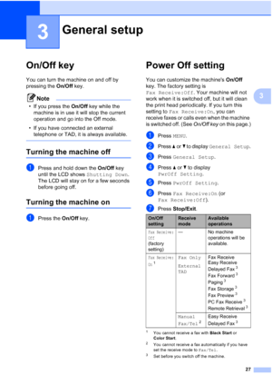 Page 43
27
3
3
On/Off key3
You can turn the machine on and off by 
pressing the On/Off key. 
Note
• If you press the  On/Off key while the 
machine is in use it will stop the current 
operation and go into the Off mode.
• If you have connected an external  telephone or TAD, it is always available.
 
Turning the machine off3
aPress and hold down the  On/Off key 
until the LCD shows  Shutting Down.
The LCD will stay on for a few seconds 
before going off.
Turning the machine on3
aPress the  On/Off key.
Power Off...