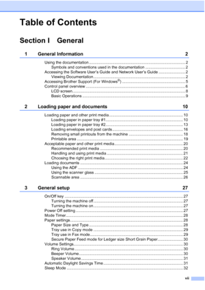 Page 9
vii
Table of Contents
Section I General
1 General Information 2
Using the documentation ....................................................................................... 2Symbols and conventions used in the documentation .................................... 2
Accessing the Software User’s Guide and Network User’s Guide ........................ 2 Viewing Documentation ................................................................................... 2
Accessing Brother Support (For Windows
®)...