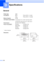 Page 222
206
D
GeneralD
1Measured diagonally
SpecificationsD
Printer TypeInkjet
Print Method Black:
Color:Piezo with 94 
× 2 nozzle
Piezo with 94  × 3 nozzles
Memory Capacity 64 MB 
LCD (liquid crystal display) Touchscreen 4.2 in. (106.7 mm) Color LCD
1
Touchscreen active area 4.0 in. (100.3 mm)1
Power SourceAC 100 to 120 V 50/60 Hz
Power Consumption Off Mode: Average 0.9 W
Sleep Mode: Average 4 W
Standby: Average 6 W
Operating: Average 28 W
Dimensions
 
22.6 in. 21.3 in.
( 574 mm )
(
540 mm )
23.8 in.
19.2 in....