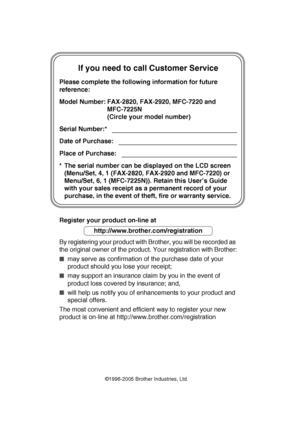 Page 2
                                 
If you need to call Customer Service
Please complete the following information for future 
reference:
Model Number: FAX-2820, FAX-2920, MFC-7220 and MFC-7225N 
(Circle your model number)
Serial Number:*
Date of Purchase:
Place of Purchase:
* The serial number can be displayed on the LCD screen  (Menu/Set, 4, 1 (FAX-2820, FAX-2920 and MFC-7220) or 
Menu/Set, 6, 1 (MFC-7225N)). Retain this User’s Guide 
with your sales receipt as a permanent record of your 
purchase, in...