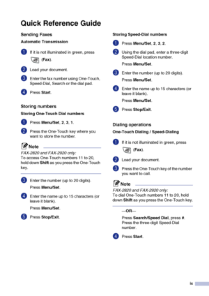 Page 11
ix
Quick Reference Guide
Sending Faxes
Automatic Transmission
1If it is not illuminated in green, press  (Fax ).
2Load your document. 
3Enter the fax number using One-Touch, 
Speed-Dial, Search or the dial pad.
4Press  Start.
Storing numbers
Storing One-Touch Dial numbers
1Press  Menu/Set , 2, 3, 1.
2Press the One-Touch key where you 
want to store the number. 
Note
FAX-2820 and FAX-2920 only:
To access One-Touch numbers 11 to 20, 
hold down  Shift as you press the One-Touch 
key.
3Enter the number (up...