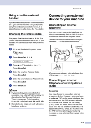 Page 122
Appendix AA - 5
Using a cordless external 
handset
If your cordless telephone is connected to the 
EXT. jack on the machine and you typically 
carry the cordless handset elsewhere, it is 
easier to answer calls during the Ring Delay.
Changing the remote codes
The preset Fax Receive Code is  51. The 
preset Telephone Answer Code is  #51. If you 
want to, you can replace them with your own 
codes.
1If it is not illuminated in green, press 
 (Fax ).
2Press  Menu/Set , 2, 1, 4.
3Press ▲ or ▼ to select On...