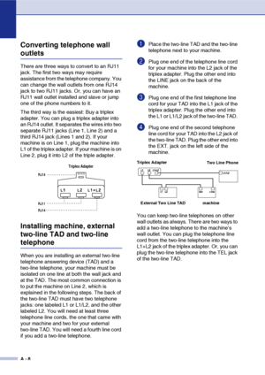 Page 125
A - 8
Converting telephone wall 
outlets
There are three ways to convert to an RJ11 
jack. The first two ways may require 
assistance from the telephone company. You 
can change the wall outlets from one RJ14 
jack to two RJ11 jacks. Or, you can have an 
RJ11 wall outlet installed and slave or jump 
one of the phone numbers to it.
The third way is the easiest: Buy a triplex 
adapter. You can plug a triplex adapter into 
an RJ14 outlet. It separates the wires into two 
separate RJ11 jacks (Line 1, Line...