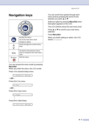 Page 128
Appendix BB - 2
Navigation keys
You can access the menu mode by pressing 
Menu/Set.
When you enter the menu, the LCD scrolls.
Press  1 for General Setup menu
— OR —
Press  2 for Fax menu
— OR —
Press  3 for Copy menu
Press  0 for Initial Setup  You can scroll more quickly through each 
menu level by pressing the arrow for the 
direction you want: 
▲ or ▼.
Select an option by pressing  Menu/Set when 
that option appears on the LCD.
The LCD will then show the next menu level.
Press 
▲ or ▼ to scroll to...