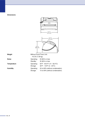 Page 143
S - 2
Dimensions
WeightWithout Drum/Toner Unit:
16.2 lb (7.35 kg)
Noise Operating:  53 dB A or less
Standby:  30 dB A or less
Temperature Operating: 50°F - 90.5°F (10 - 32.5°C)
Storage:  32°F - 104°F (0 - 40°C)
Humidity Operating:  20 to 80% (without condensation)
Storage:  10 to 90% (without condensation)
14.7 in.
(374 mm)
10.3 in.
(262 mm)
14.7 in.
(374 mm)
 