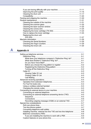 Page 17
xv
If you are having difficulty with your machine ............................................11-11
Improving the print quality .........................................................................11-16
Cleaning the drum unit ..............................................................................11-17
Compatibility ..............................................................................................11-20
Packing and shipping the machine...