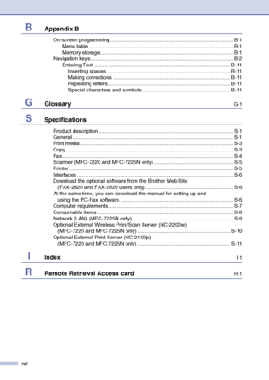 Page 18
xvi
BAppendix B
On-screen programming ..................................................................................... B-1Menu table .................................................................................................... B-1
Memory storage............................................................................................ B-1
Navigation keys .................................................................................................. B-2 Entering Text...