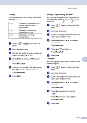 Page 80
Making copies8 - 5
8
Quality
You can select the copy quality. The default 
setting is 
Auto.
1Press  ( Copy) to illuminate it in 
green.
2Load your document.
3Use the dial pad to enter the number of 
copies you want (up to 99).
4Press  Options  and ▲ or ▼ to select 
Quality.
Press  Menu/Set .
5Press ▲ or ▼ to select the copy quality 
you want (
Auto, Text or Photo).
Press  Menu/Set .
6Press Start.
Sorting copies using the ADF 
You can sort multiple copies. Pages will be 
stacked in the order (1 2 3), (1...
