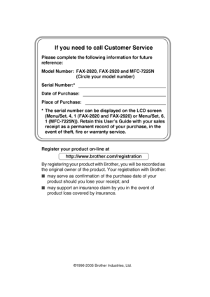 Page 2
If you need to call Customer Service
Please complete the following information for future 
reference:
Model Number: FAX-2820, FAX-2920 and MFC-7225N (Circle your model number)
Serial Number:*
Date of Purchase:
Place of Purchase:
* The serial number can be displayed on the LCD screen  (Menu/Set, 4, 1 (FAX-2820 and FAX-2920) or Menu/Set, 6, 
1 (MFC-7225N)). Retain this User’s Guide with your sales 
receipt as a permanent record of your purchase, in the 
event of theft, fire or warranty service.
Register...