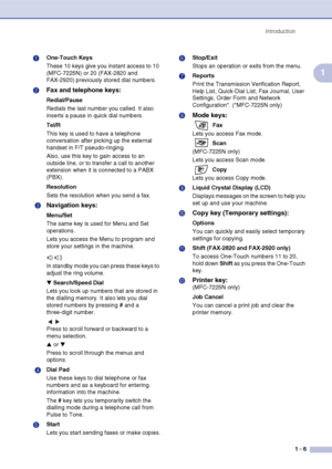 Page 20
Introduction1 - 6
1
1 One-Touch Keys
These 10 keys give you instant access to 10 
(MFC-7225N) or 20 (FAX-2820 and 
FAX-2920) previously stored dial numbers.
2 
Fax and telephone keys:
Redial/Pause
Redials the last number you called. It also 
inserts a pause in quick dial numbers.
Tel/R
This key is used to have a telephone 
conversation after picking up the external 
handset in F/T pseudo-ringing.
Also, use this key to gain access to an 
outside line, or to transfer a call to another 
extension when it...