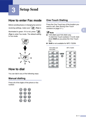 Page 40
3 - 1
3
3
How to enter Fax mode
Before sending faxes or changing fax send or 
receiving settings, make sure   (Fax) is 
illuminated in green. If it is not, press   
( Fax ) to enter Fax mode. The default setting 
is Fax mode.
How to dial
You can dial in any of the following ways.
Manual dialling
Press all of the digits of the phone or fax 
number.
One-Touch Dialling
Press the One-Touch key of the location you 
want to call. (See  Storing One-Touch 
numbers  on page 5-1.)
Note
■FAX-2820 and FAX-2920...