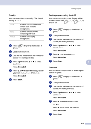 Page 76
Making copies8 - 5
8
Quality
You can select the copy quality. The default 
setting is 
Auto.
1Press  ( Copy) to illuminate it in 
green.
2Load your document.
3Use the dial pad to enter the number of 
copies you want (up to 99).
4Press  Options  and ▲ or ▼ to select 
Quality.
Press  Menu/Set .
5Press ▲ or ▼ to select the copy quality 
you want (
Auto, Text or Photo).
Press  Menu/Set .
6Press Start.
Sorting copies using the ADF
You can sort multiple copies. Pages will be 
stacked in the order (1, 2, 3),...