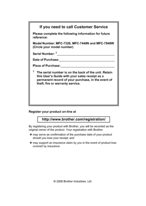 Page 2If you need to call Customer Service
Please complete the following information for future 
reference:
Model Number: MFC-7320, MFC-7440N and MFC-7840W 
(Circle your model number)
Serial Number:
1                                                                      
Date of Purchase:                                                                    
Place of Purchase:                                                                  
1The serial number is on the back of the unit. Retain 
this User’s Guide...