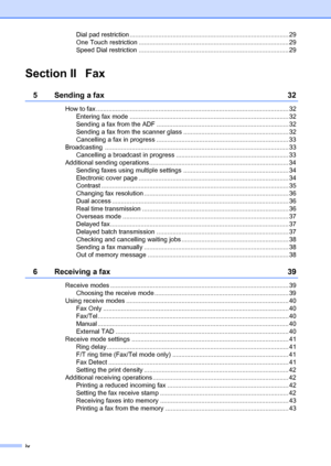 Page 6iv
Dial pad restriction ......................................................................................... 29
One Touch restriction .................................................................................... 29
Speed Dial restriction .................................................................................... 29
Section II Fax
5 Sending a fax32
How to fax ............................................................................................................ 32
Entering fax...