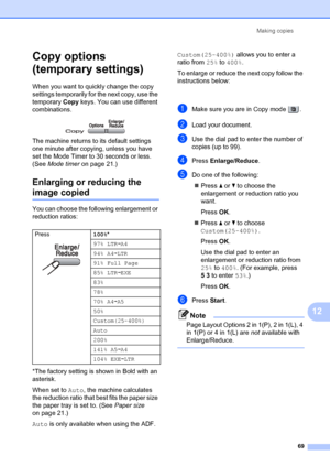 Page 79Making copies69
12
Copy options 
(temporary settings)
12
When you want to quickly change the copy 
settings temporarily for  the next copy, use the 
temporary  Copy keys. You can use different 
combinations.
 
The machine returns to its default settings 
one minute after copying, unless you have 
set the Mode Timer to 30 seconds or less. 
(See  Mode timer on page 21.)
Enlarging or reducing the 
image copied12
You can choose the following enlargement or 
reduction ratios:
*The factory setting is  shown in...