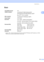 Page 163Specifications153
D
ScanD
1Maximum 1200  × 1200 dpi scanning with the WIA driver in Windows® XP/Windows Vista® (resolution up to 19200  × 
19200 dpi can be chosen by usi ng the Brother scanner utility)
Colour/Monochrome Yes
TWAIN Compliant Yes (Windows
®2000 Professional/XP/ 
XP Professional x64 Edition/Windows Vista
®)
Mac OS
® X 10.2.4 or greater
WIA Compliant Yes (Windows
® XP/Windows Vista®)
Colour Depth 24 bit colour
Resolution Up to 19200 × 19200 dpi (interpolated)
1
Up to 600  × 2400 dpi...