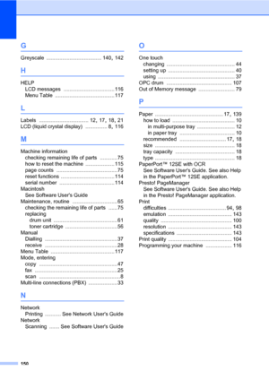 Page 160150
G
Greyscale ...................................... 140, 142
H
HELPLCD messages
 ................................... 116
Menu Table
 ......................................... 117
L
Labels .................................. 12, 17, 18, 21
LCD (liquid crystal display)
 ............... 8, 116
M
Machine information checking remaining life of parts
 ............75
how to reset the machine
 .................... 115
page counts
 ..........................................75
reset functions...