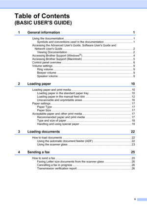 Page 5ii
Table of Contents 
(BASIC USERS GUIDE)
1 General information 1
Using the documentation ....................................................................................... 1
Symbols and conventions used in the documentation .................................... 1
Accessing the Advanced Users Guide, Software Users Guide and 
Network Users Guide ......................................................................................... 2
Viewing Documentation...