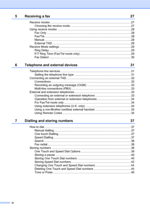 Page 6iii
5 Receiving a fax 27
Receive modes .................................................................................................... 27
Choosing the receive mode ........................................................................... 27
Using receive modes ........................................................................................... 28
Fax Only ........................................................................................................ 28...