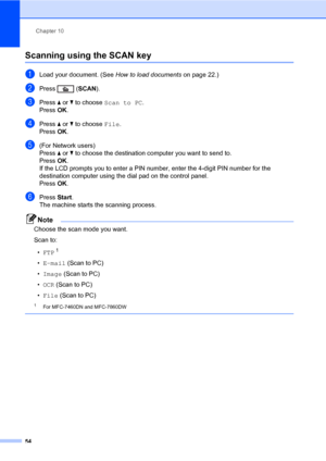 Page 64Chapter 10
54
Scanning using the SCAN key10
aLoad your document. (See How to load documents on page 22.)
bPress  (SCAN).
cPress a or b to choose Scan to PC.
Press OK.
dPress a or b to choose File.
Press OK.
e(For Network users)
Press a or b to choose the destination computer you want to send to.
Press OK.
If the LCD prompts you to enter a PIN number, enter the 4-digit PIN number for the 
destination computer using the dial pad on the control panel.
Press OK.
fPress Start.
The machine starts the scanning...