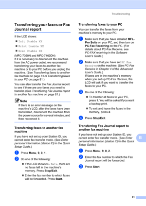 Page 91Troubleshooting
81
B Transferring your faxes or Fax 
Journal reportB
If the LCD shows:
Init Unable XX
Print Unable XX
Scan Unable XX
(MFC-7360N and MFC-7460DN) 
If it is necessary to disconnect the machine 
from the AC power outlet, we recommend 
transferring your faxes to another fax 
machine or to your PC before you unplug the 
machine. (See Transferring faxes to another 
fax machine on page 81 or Transferring faxes 
to your PC on page 81.)
You can also transfer the Fax Journal report 
to see if...