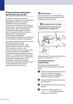 Page 117A  3
Подключение внешнего 
автоответчика (А/О)
Вы можете подключить внешний 
автоответчик. Однако если у вас имеется 
внешний автоответчик на одной 
телефонной линии с машиной, 
автоответчик отвечает на все вызовы, а 
машина ищет тональные сигналы (CNG) 
вызова факса. При их обнаружении 
машина принимает вызов и получает 
факс. Если машина CNG!сигналов не 
обнаруживает, она разрешает 
автоответчику продолжать 
воспроизводить приветствие, чтобы вам 
могли оставить голосовое сообщение.
Автоответчик должен...