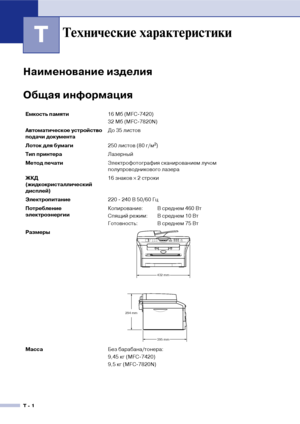 Page 133Т  1
Т
Наименование изделия
Общая информация
Технические характеристики
Емкость памяти16 Мб (MFC!7420)
32 Мб (MFC!7820N)
Автоматическое устройство 
подачи документа До 35 листов
Лоток для бумаги250 листов (80 г/м
2)
Тип принтераЛазерный
Метод печатиЭлектрофотография сканированием лучом 
полупроводникового лазера
ЖКД 
(жидкокристаллический 
дисплей)16 знаков 
× 2 строки 
Электропитание220 ! 240 В 50/60 Гц
Потребление 
электроэнергииКопирование: В среднем 460 Вт
Спящий режим: В среднем 10 Вт
Готовность: В...