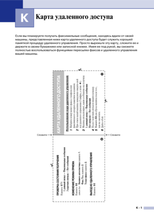 Page 147К  1
К
Если вы планируете получать факсимильные сообщения, находясь вдали от своей 
машины, представленная ниже карта удаленного доступа будет служить хорошей 
памяткой процедур удаленного управления. Просто вырежьте эту карту, сложите ее и 
держите в своем бумажнике или записной книжке. Имея ее под рукой, вы сможете 
полностью воспользоваться функциями пересылки факсов и удаленного управления 
вашей машины.
Карта удаленного доступа
Использование кода удаленного управления1
Наберите номер вашего факса с...